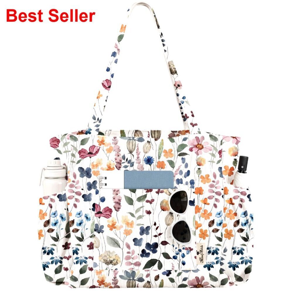 Large Corduroy Tote Bag with Zipper Multi-Pocket for School Work